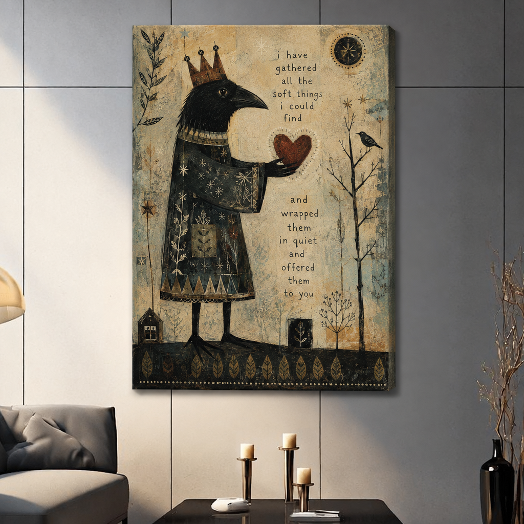 Stretched crowned crow heart canvas wall art showing a raven holding a heart against a vintage botanical background