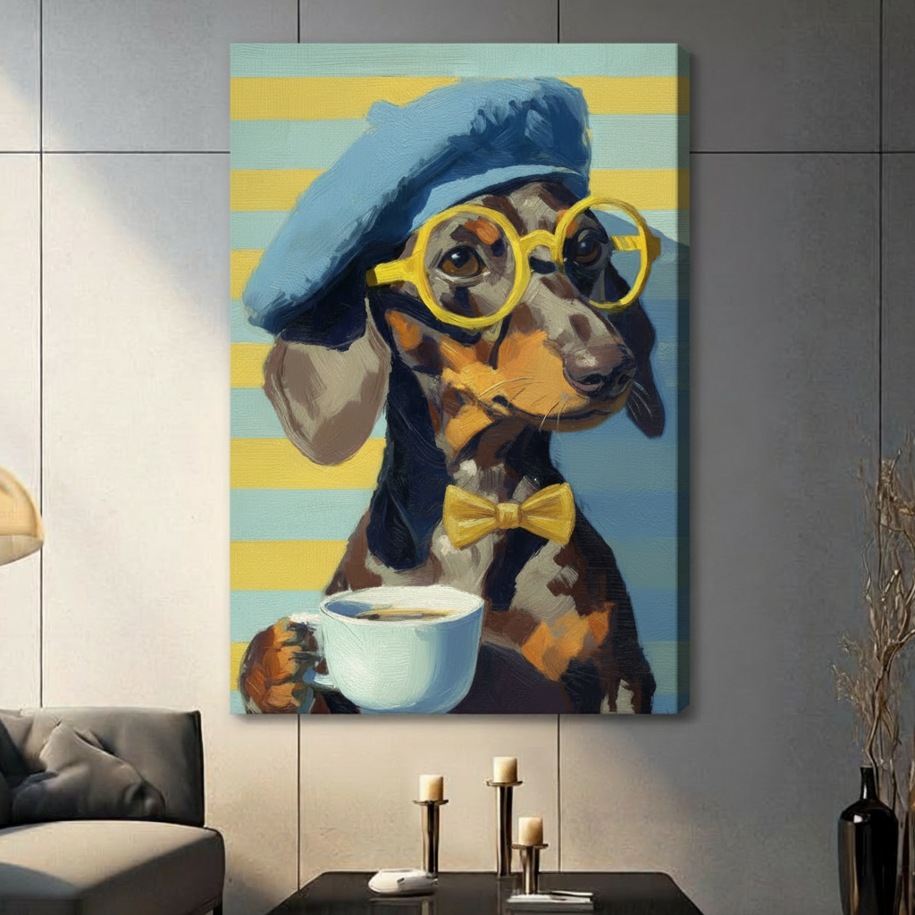 Stretched dachshund coffee canvas wall art showing a bow-tied dog in glasses holding a steaming cup