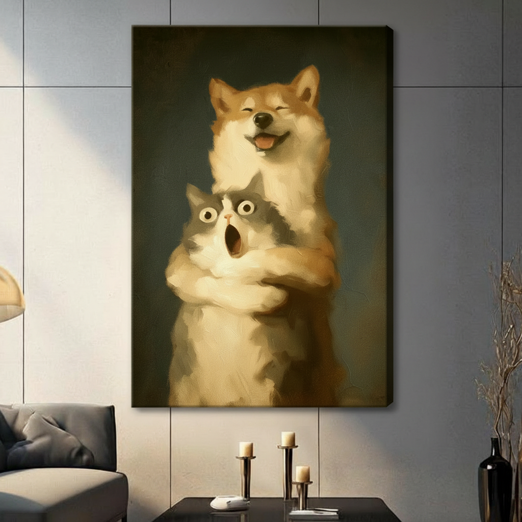  Stretched dog and cat canvas wall art showing a happy dog hugging a wide-eyed cat