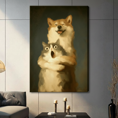  Stretched dog and cat canvas wall art showing a happy dog hugging a wide-eyed cat