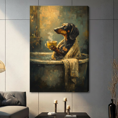  Stretched dog coffee canvas wall art displayed in a living room with moody green and golden tones