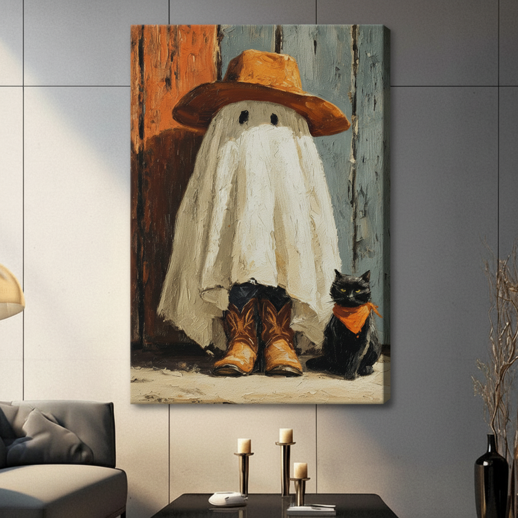 Stretched ghost cat canvas wall art displayed on a living room wall with warm rustic decor