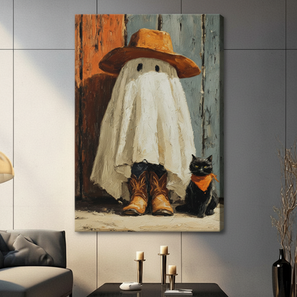 Stretched ghost cat canvas wall art displayed on a living room wall with warm rustic decor