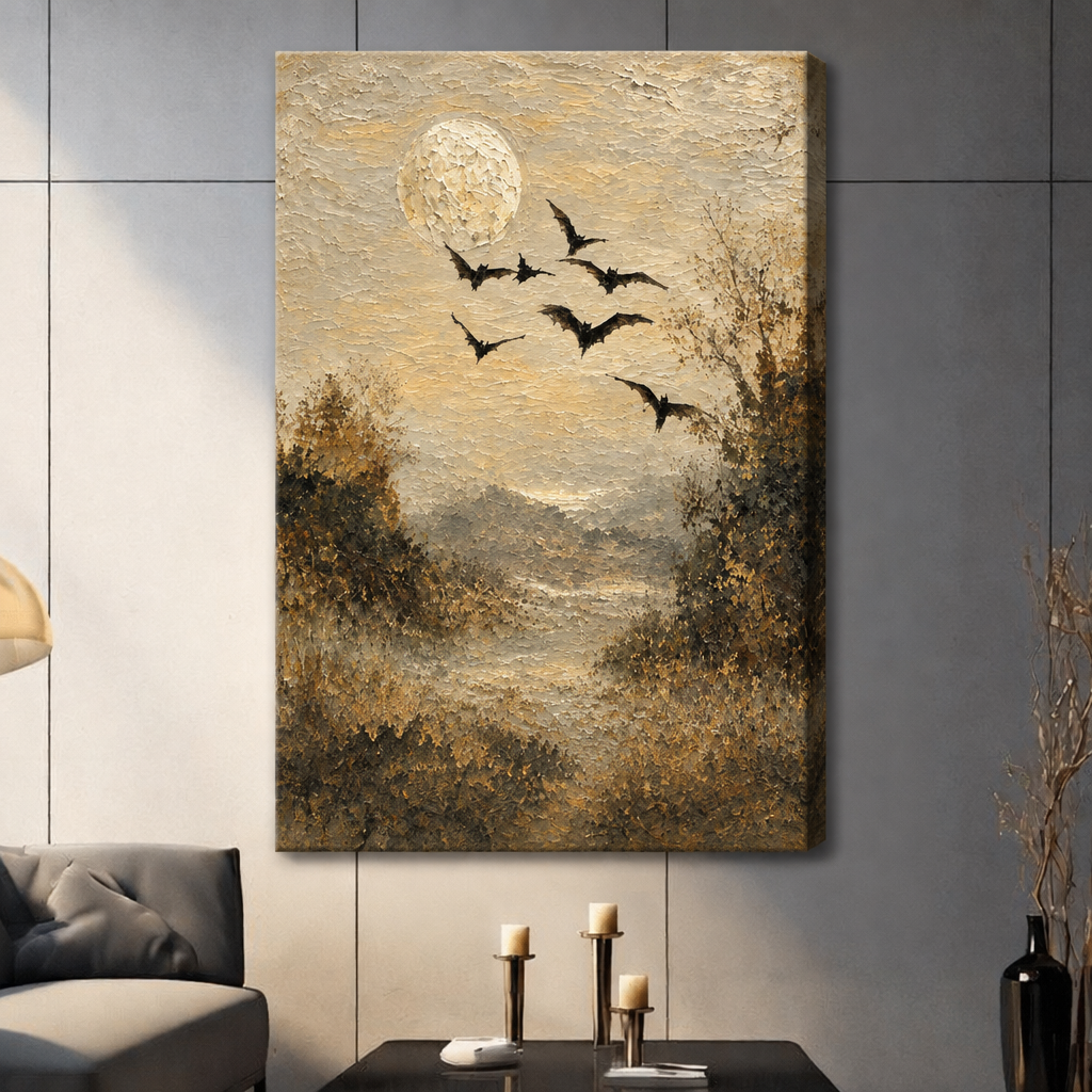 Stretched Halloween bat canvas wall art showing a flock of bats crossing a golden full moon above a quiet woodland path