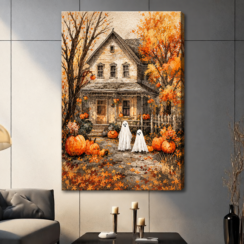  Stretched Halloween ghost pumpkin canvas wall art featuring two white ghosts in front of a pumpkin-filled autumn farmhouse