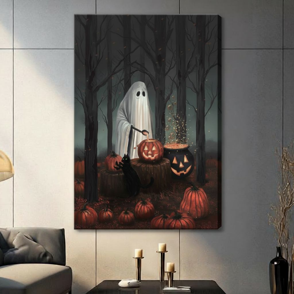 Stretched Halloween ghost pumpkin canvas wall art displayed in a living room with pumpkins and a dark forest background