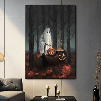 Stretched Halloween ghost pumpkin canvas wall art displayed in a living room with pumpkins and a dark forest background
