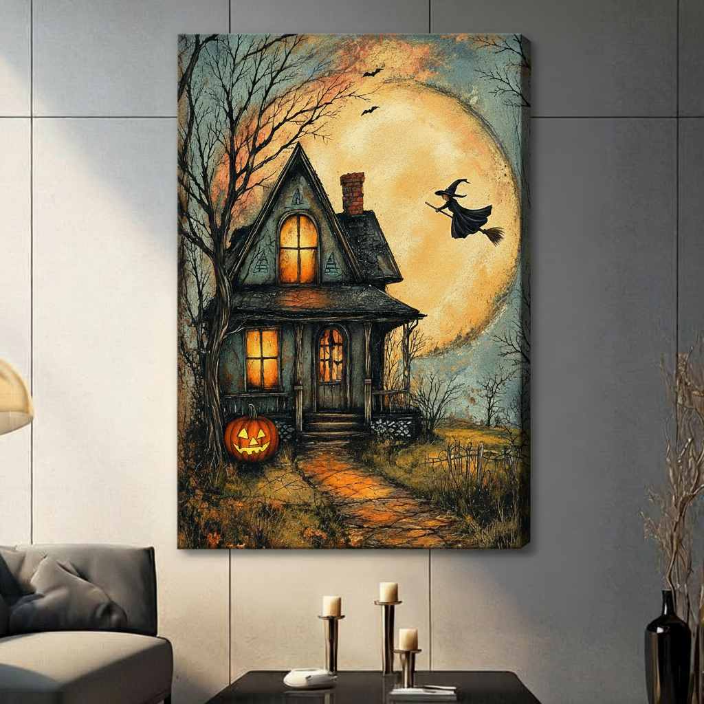 Stretched Halloween haunted house canvas wall art displayed in a living room with a moonlit cottage and flying witch