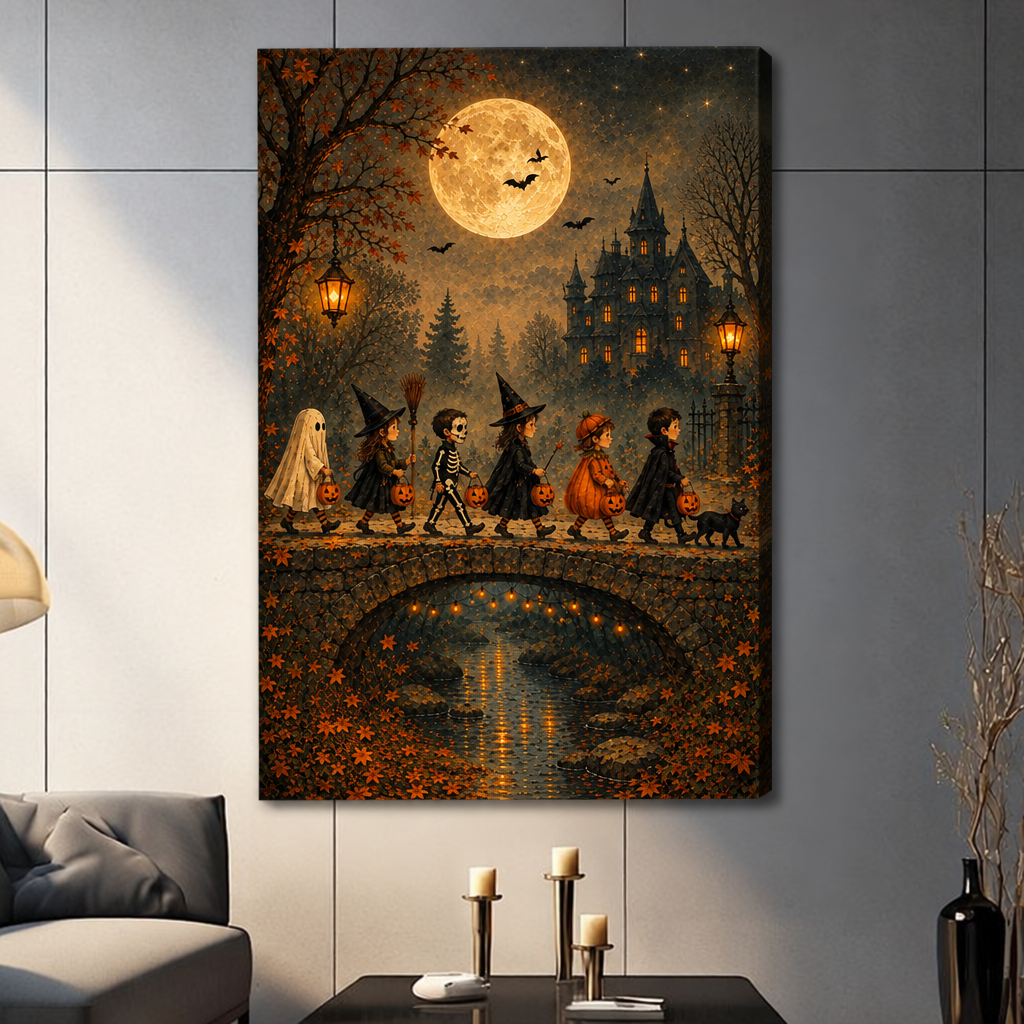 Stretched Halloween trick or treat canvas wall art on a living room wall, featuring children, a black cat, and a glowing castle