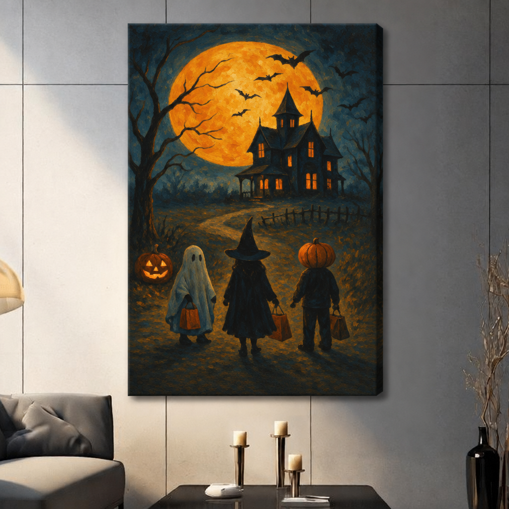 Stretched Halloween trick or treat canvas wall art showing three children walking toward a haunted house beneath a full moon