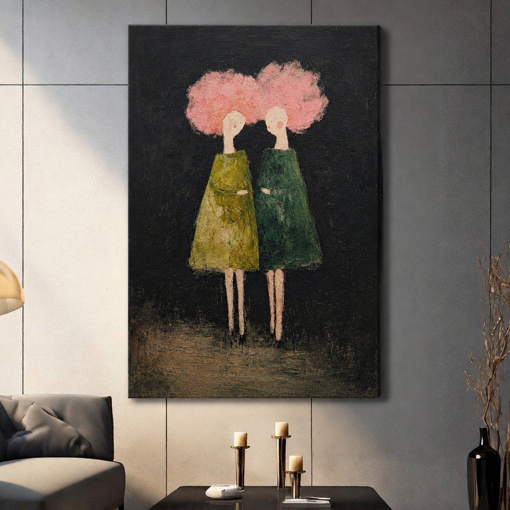 Stretched pink hair women canvas wall art in a living room, showing two figures in green dresses against a dark background