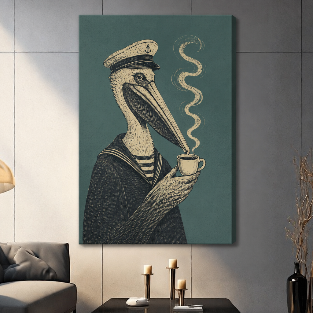 Stretched sailor pelican canvas wall art on a living room wall, showing a uniformed pelican with a hot drink on a teal backdrop