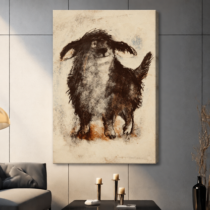 Stretched shaggy dog canvas wall art on a living room wall, showing a scruffy brown and gray dog against a beige backdrop