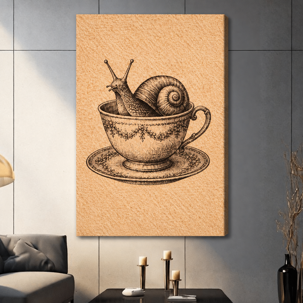 Stretched snail teacup canvas wall art on a living room wall, showing a detailed snail illustration against a warm beige background