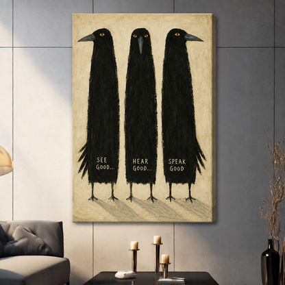 Stretched three crows canvas wall art showing three black birds with yellow eyes and positive words on a beige background