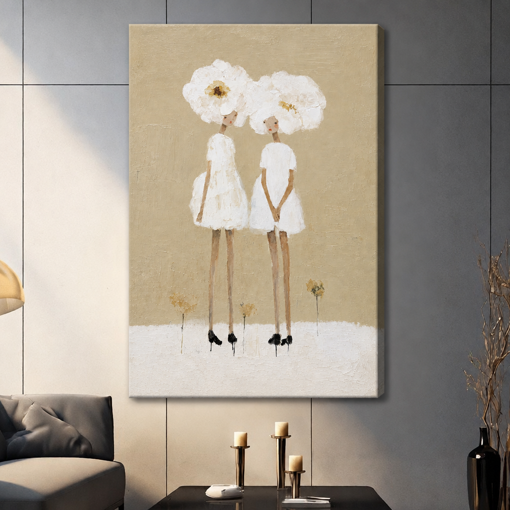 Stretched white flower women canvas wall art on a living room wall, featuring two slender figures against a beige background