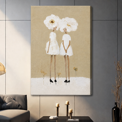 Stretched white flower women canvas wall art on a living room wall, featuring two slender figures against a beige background