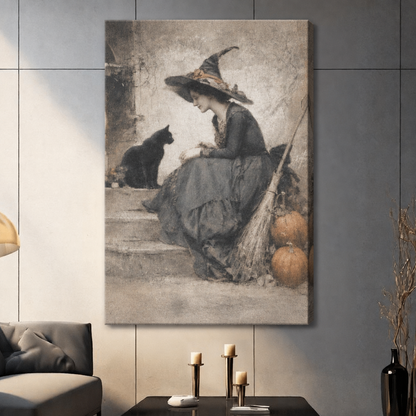 Stretched witch black cat canvas wall art on a living room wall, featuring a witch and cat together on stone steps
