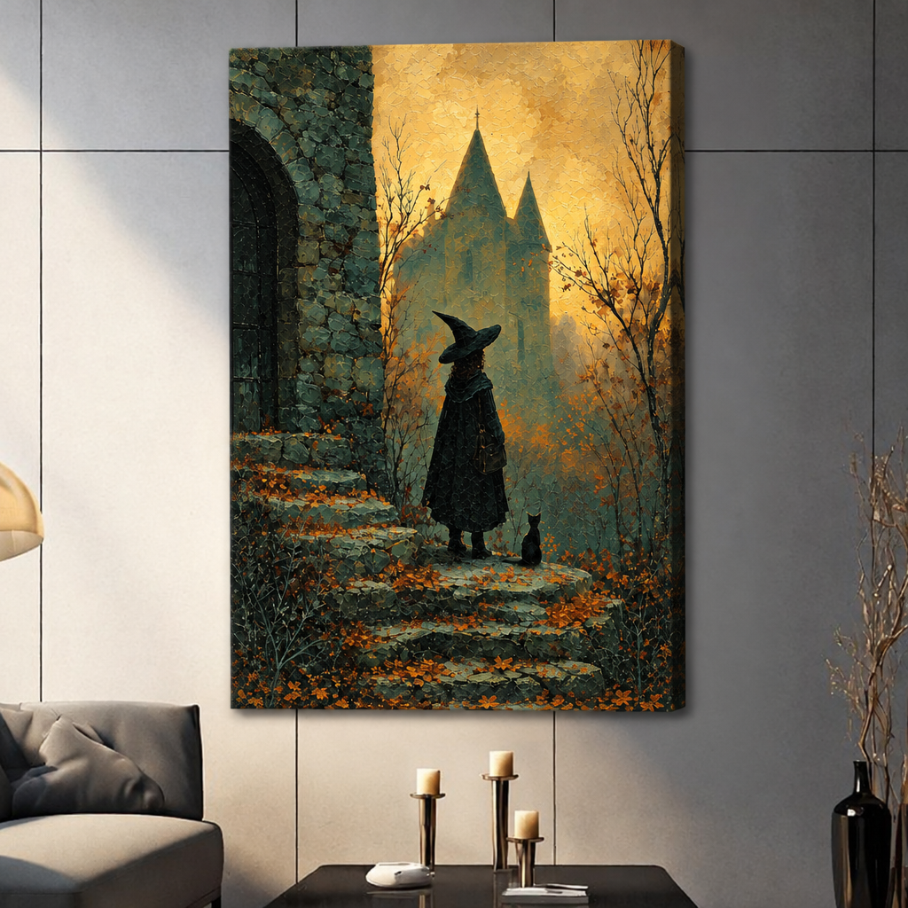 Stretched witch castle canvas wall art displayed in a living room with a golden sky, stone steps, and distant castle