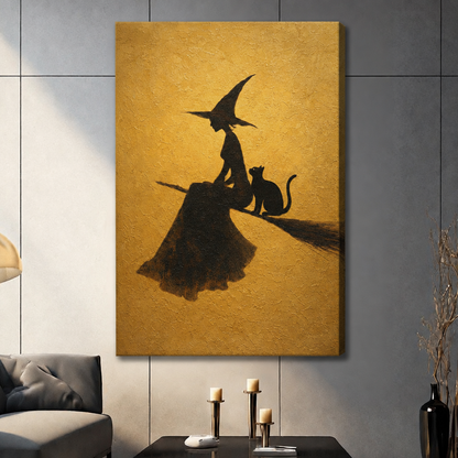  Stretched witch cat broom canvas wall art featuring a witch and black cat in silhouette against a warm golden background