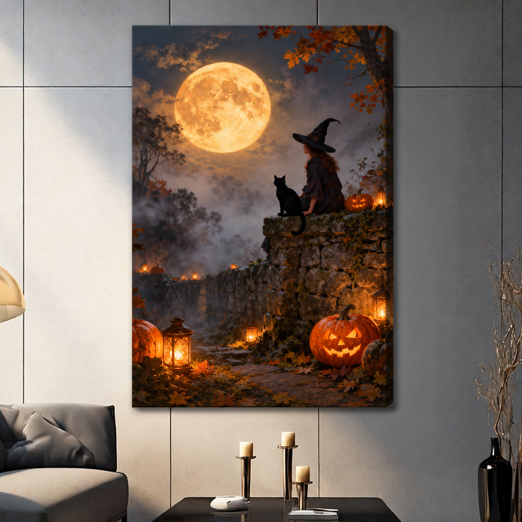 Stretched witch cat moon canvas wall art displayed in a living room, featuring a witch and black cat beneath a full moon
