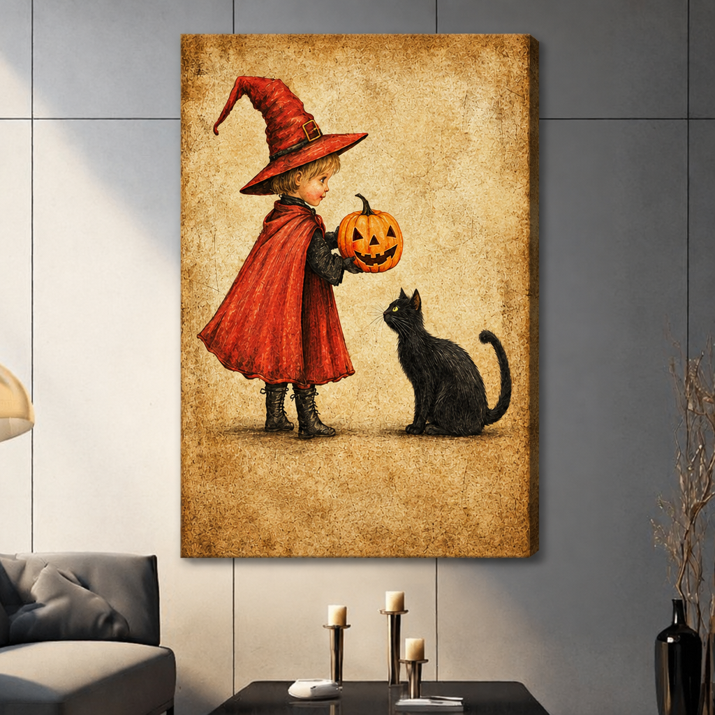 Stretched witch cat pumpkin canvas wall art showing a child in a red witch costume holding a jack-o-lantern beside a black cat