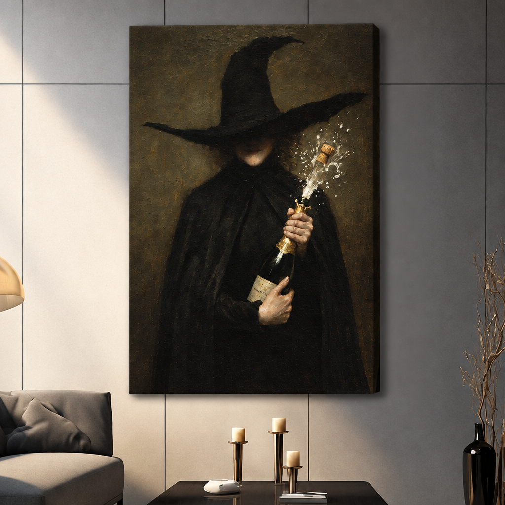  Stretched witch champagne canvas wall art close-up showing a black-robed witch opening a sparkling champagne bottle