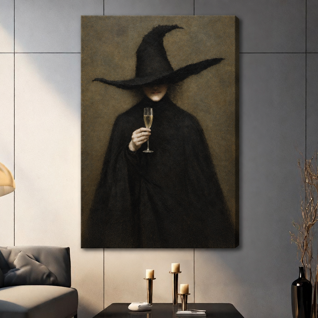 Stretched witch champagne canvas wall art displayed in a living room, featuring a mysterious witch holding a champagne glass