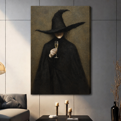 Stretched witch champagne canvas wall art displayed in a living room, featuring a mysterious witch holding a champagne glass