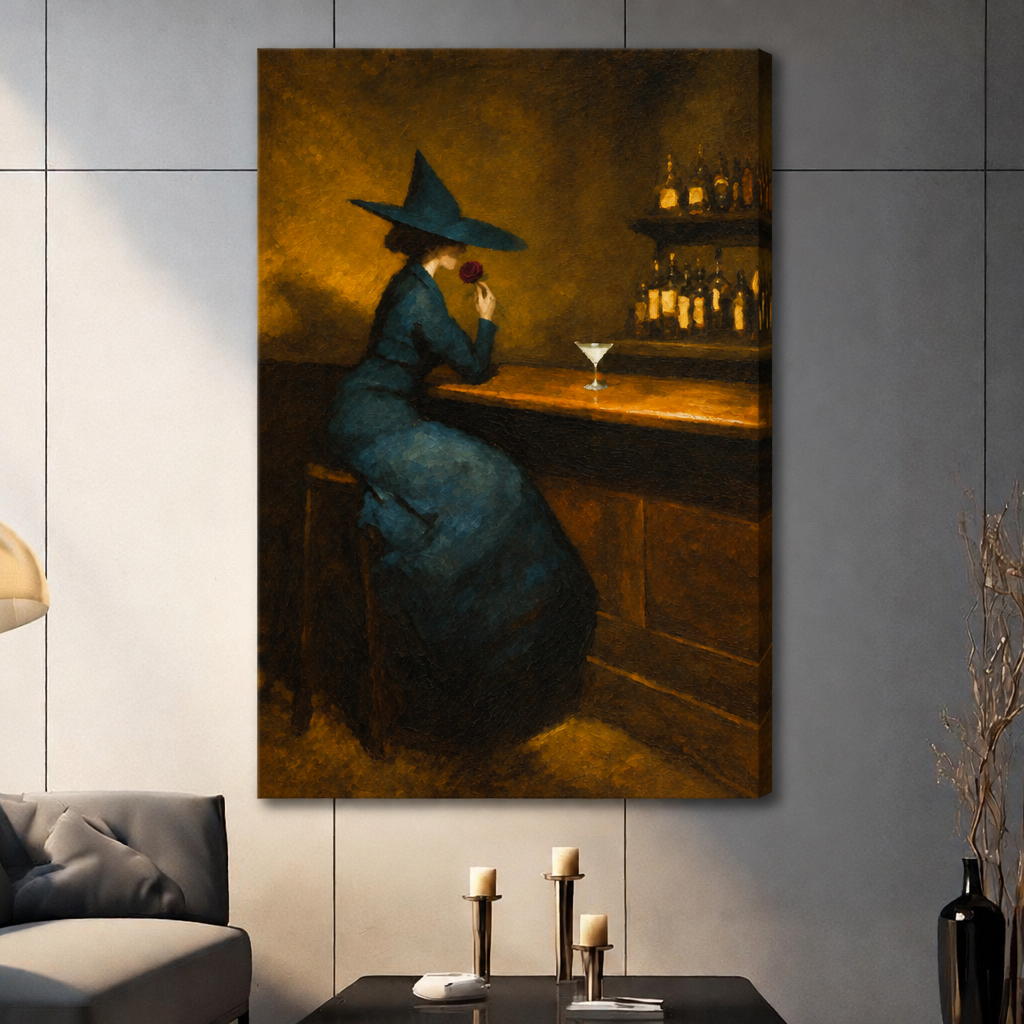 Stretched witch rose bar canvas wall art on a living room wall, showing a witch in a teal dress at a warmly lit wooden bar