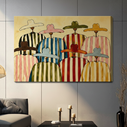 Vibrant abstract folk painting of eight anonymous round-headed figures wearing wide hats in white pink olive gold brown blue-gray and orange over colorful striped ponchos in black white blue red green and pink arranged in two rows on a warm yellow wood-textured background boho figurative wall art stretched canvas in a living room with dark gray tiled panel wall dark sofa candle holders and black vase