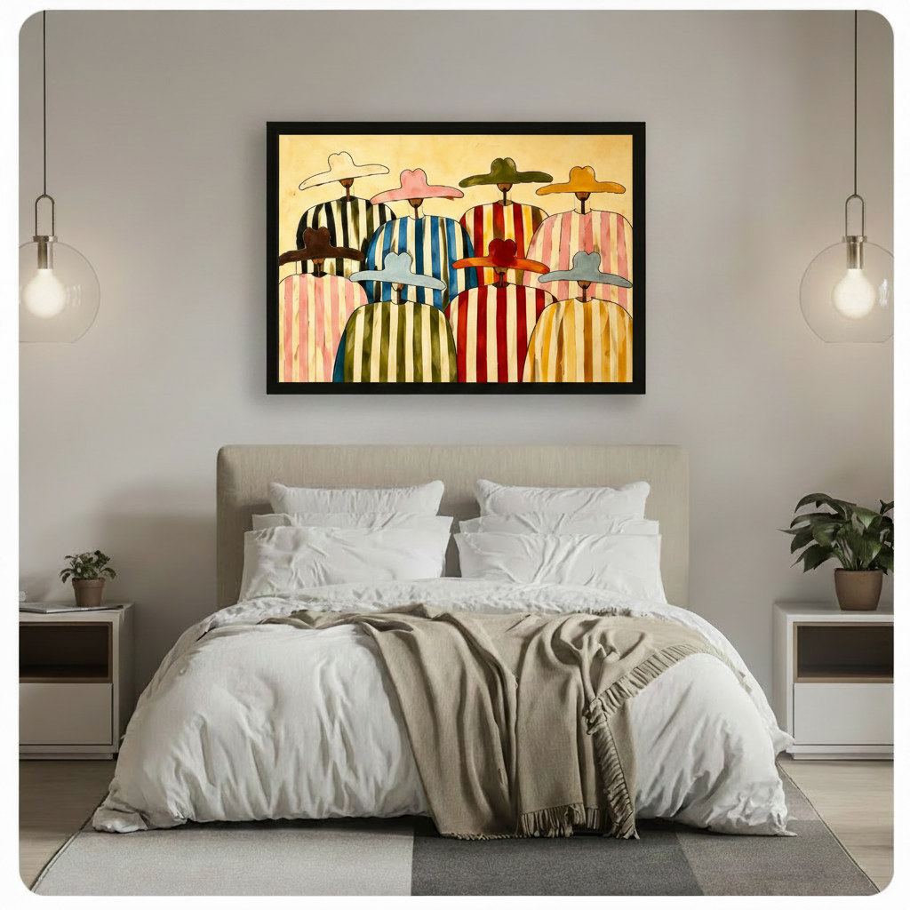 Playful abstract folk oil painting of eight round-headed hatted figures in vivid striped capes arranged in two rows with hats in pink olive gold and brown over ponchos in blue red green and black-white stripe on a warm cream textured background colorful figurative wall art framed print above a bedroom with white linen bedding beige upholstered headboard globe pendant lights white nightstands and green plants