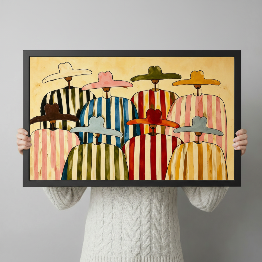 Colorful abstract folk art painting of eight faceless figures with distinctive wide-brimmed hats and striped multi-colored ponchos in pink blue red green yellow and black painted with bold outlines and watercolor wash on a warm amber wood-grain background abstract people wall art framed print held against a light gray background