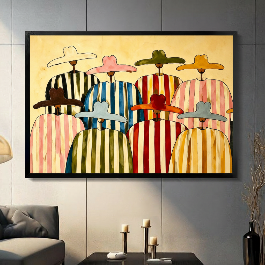 Bold abstract folk art oil painting of eight faceless round-headed figures in two rows each wearing a wide-brimmed hat and a colorful striped cape in black white pink blue red green and golden tones with black outline and watercolor wash texture on a warm cream wood-grain background colorful abstract people wall art framed print in a living room with dark gray tiled panel wall dark sofa candle holders and black vase