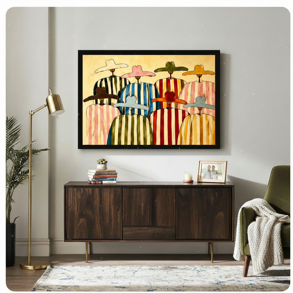 Abstract folk art painting of eight faceless figures wearing wide colorful hats and bold vertical striped ponchos in pink blue red green yellow and black arranged in a cheerful crowd composition on a warm golden wood-grain background boho abstract people wall art framed print above a living room sideboard with dark walnut cabinet gold floor lamp green armchair and indoor plants