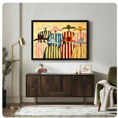 Abstract folk art painting of eight faceless figures wearing wide colorful hats and bold vertical striped ponchos in pink blue red green yellow and black arranged in a cheerful crowd composition on a warm golden wood-grain background boho abstract people wall art framed print above a living room sideboard with dark walnut cabinet gold floor lamp green armchair and indoor plants