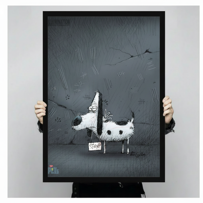 Hand-held display of a black-framed canvas art print featuring the graffiti sketch dog Stump with a name tag, set against a dark charcoal grey textured background — edgy urban dog wall art