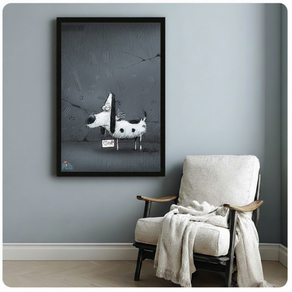 Framed dark academia style canvas print of the Stump sketch dog on a textured grey background, hung beside a cozy white linen armchair in a Scandinavian-inspired reading nook