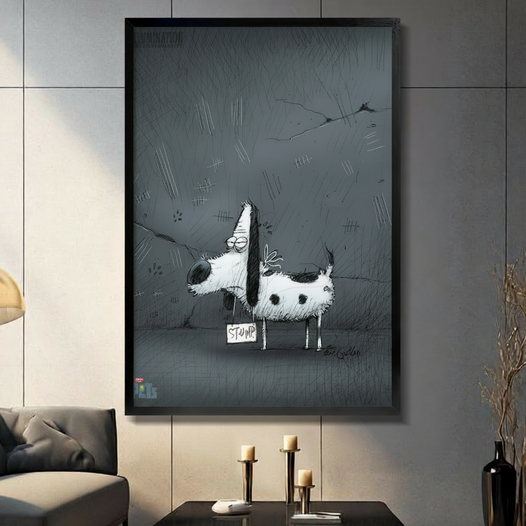 Framed canvas wall art of graffiti-style sketch dog Stump holding a name sign on a dark charcoal grey background, displayed above a console table in a modern living room with candlesticks