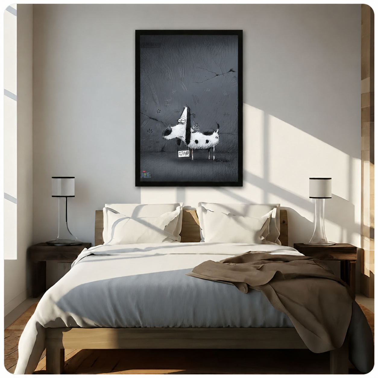 Framed graffiti-style Stump dog canvas art hung above a bed in a bright minimalist bedroom with warm wood furniture — moody dark grey street art wall decor