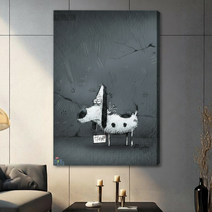 Stretched canvas print of hand-drawn Stump dog illustration with tally marks and cracks on a moody charcoal background, gallery-wrapped and hung in a contemporary grey living space