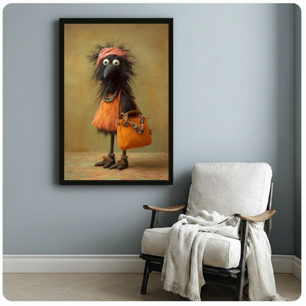 Eccentric crow in orange outfit with pink headscarf and orange handbag canvas art in black frame, hung on blue-grey wall beside white linen armchair in cozy room