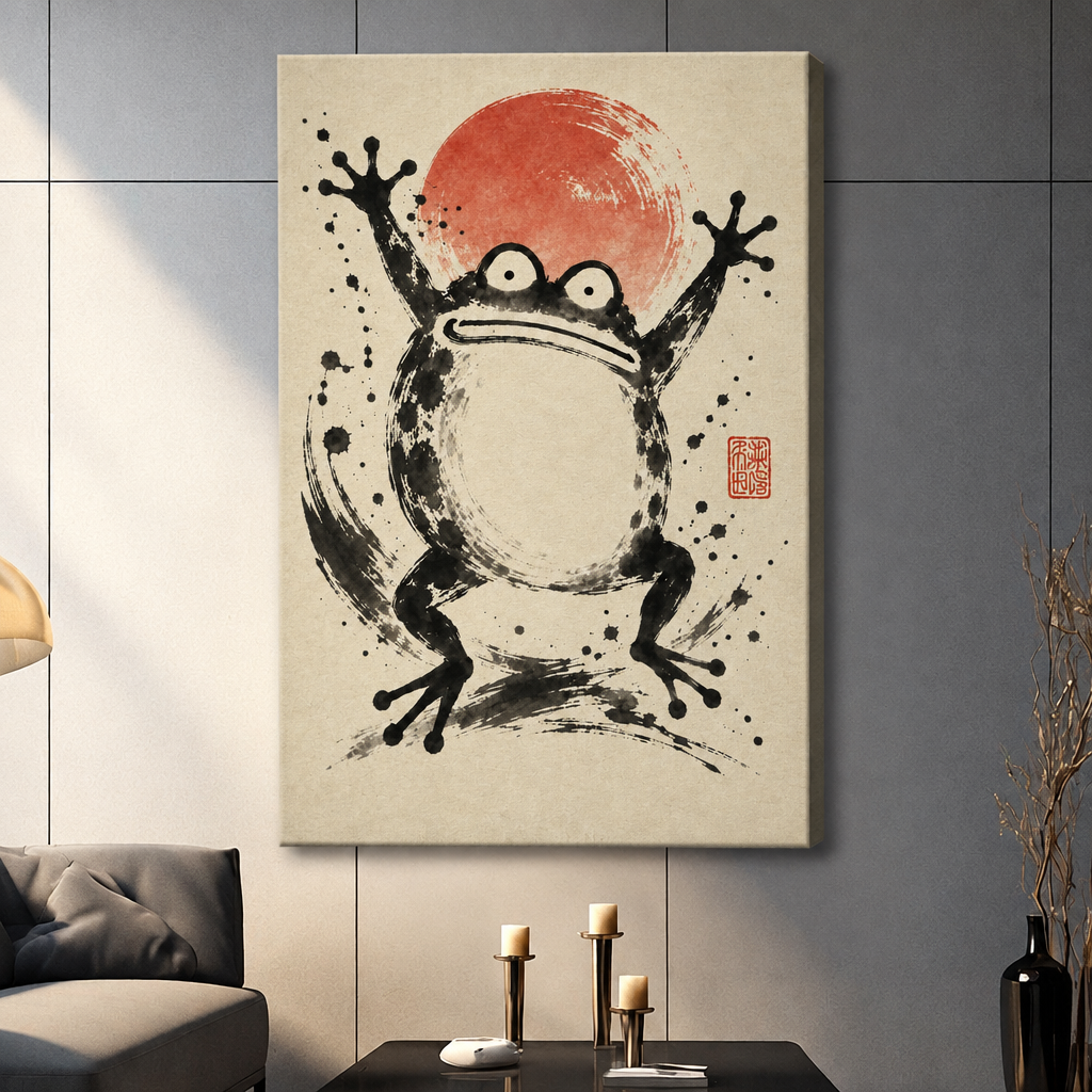 Sumi-e ink brush painting of a wide-eyed jumping frog with arms raised before a bold red sun circle with dynamic ink splatter and brushstroke swirls on aged cream paper with a red artist seal zen wall art stretched canvas dark panel wall living room