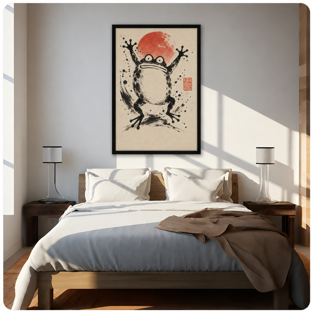 Sumi-e ink brush painting of a wide-eyed jumping frog with arms raised before a bold red sun circle with dynamic ink splatter and brushstroke swirls on aged cream paper with a red artist seal zen wall art framed print above bed sunlit bedroom