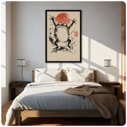 Sumi-e ink brush painting of a wide-eyed jumping frog with arms raised before a bold red sun circle with dynamic ink splatter and brushstroke swirls on aged cream paper with a red artist seal zen wall art framed print above bed sunlit bedroom