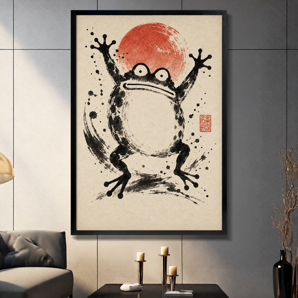 Sumi-e ink brush painting of a wide-eyed jumping frog with arms raised before a bold red sun circle with dynamic ink splatter and brushstroke swirls on aged cream paper with a red artist seal zen wall art framed print dark panel wall living room