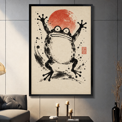 Sumi-e ink brush painting of a wide-eyed jumping frog with arms raised before a bold red sun circle with dynamic ink splatter and brushstroke swirls on aged cream paper with a red artist seal zen wall art framed print dark panel wall living room