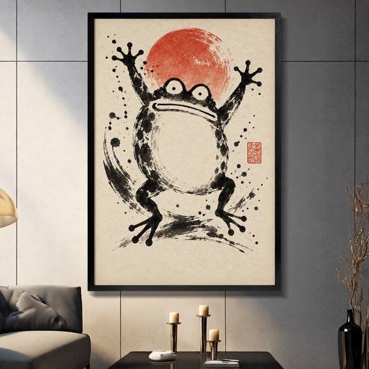 Sumi-e ink brush painting of a wide-eyed jumping frog with arms raised before a bold red sun circle with dynamic ink splatter and brushstroke swirls on aged cream paper with a red artist seal zen wall art framed print dark panel wall living room