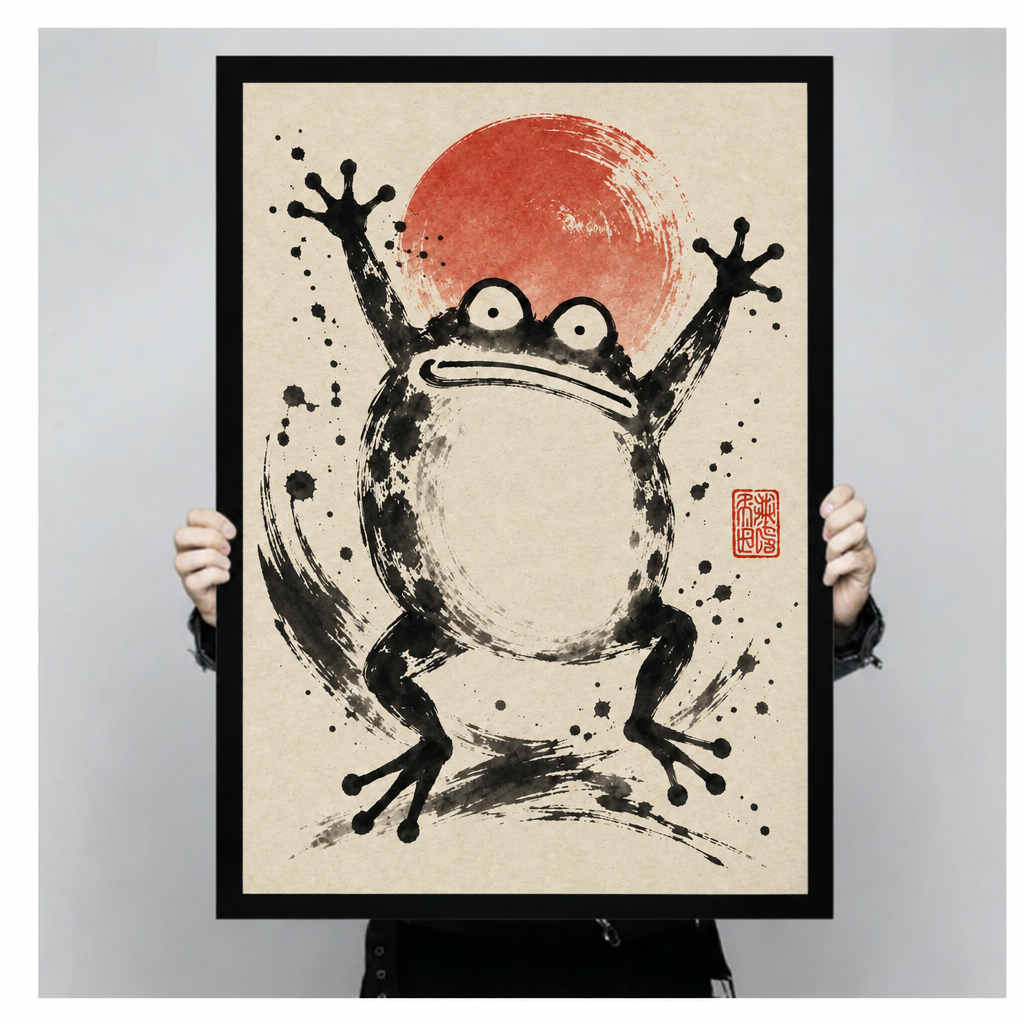 Sumi-e ink brush painting of a wide-eyed jumping frog with arms raised before a bold red sun circle with dynamic ink splatter and brushstroke swirls on aged cream paper with a red artist seal zen wall art framed print held up