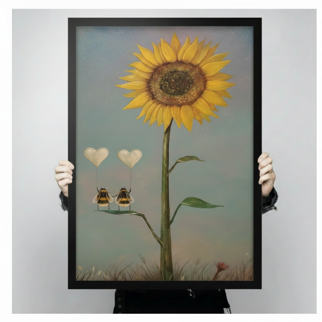 Hand-held product shot of a black-framed art print showing two bees with heart balloons climbing a tall sunflower stem